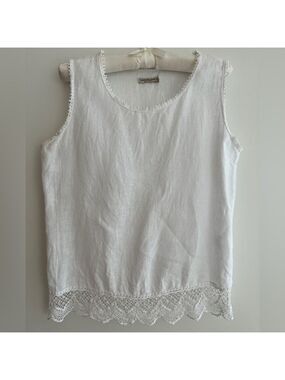 LAURA BIANCHI 100% Linen White Tank Top Crochet Hem Trim Made Italy Summer Chic